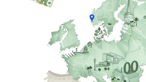 Стилизованная карта Европы с символами криптовалюты USDT и евро для обмена наличных во Все Обмен